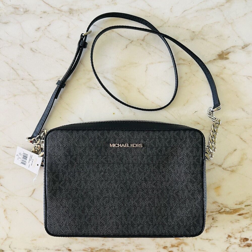 MICHAEL KORS Jet Set Item Black Leather Zip Chain East West Crossbody Bag